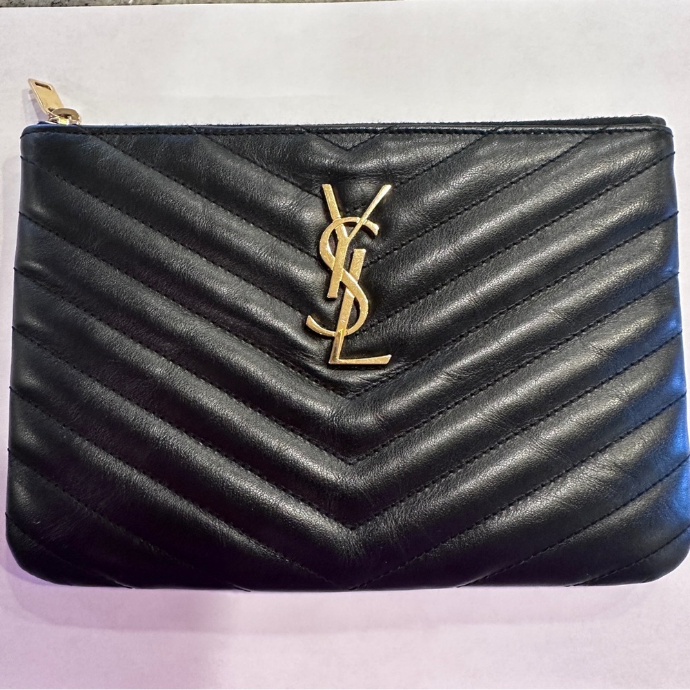 Saint Laurent Black Quilted Leather Pouch with Gold Logo